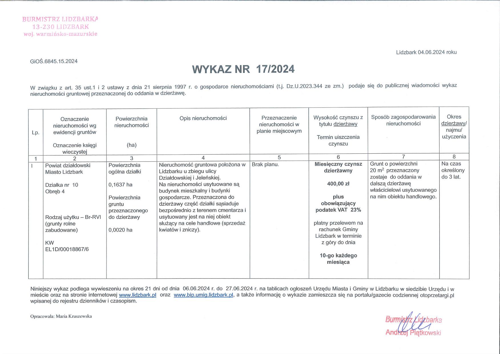 Wykaz Nr 17/2024 - Nieruchomość gruntowa do dzierżawy - Lidzbark, ul. Jeleńska obr. 4, część dz. nr 10